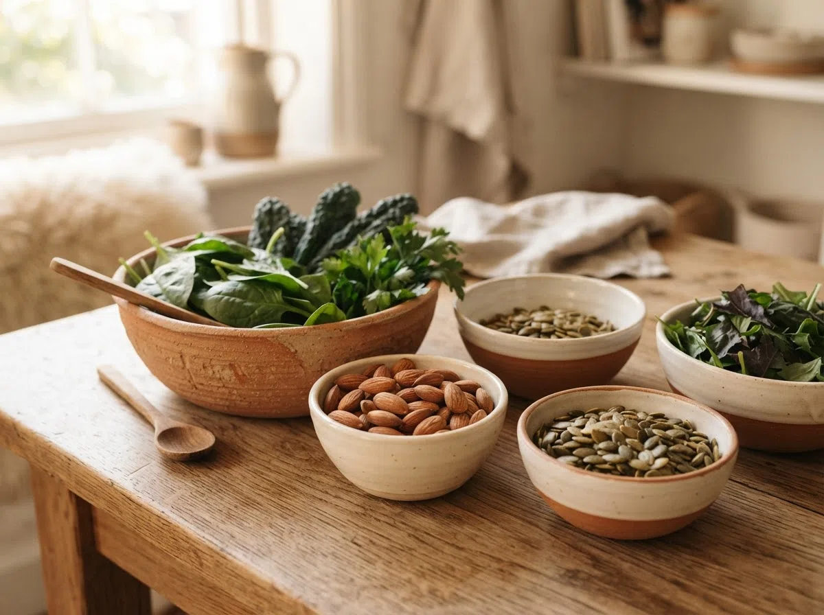 Magnesium-rich foods: nuts, seeds, dark leafy greens